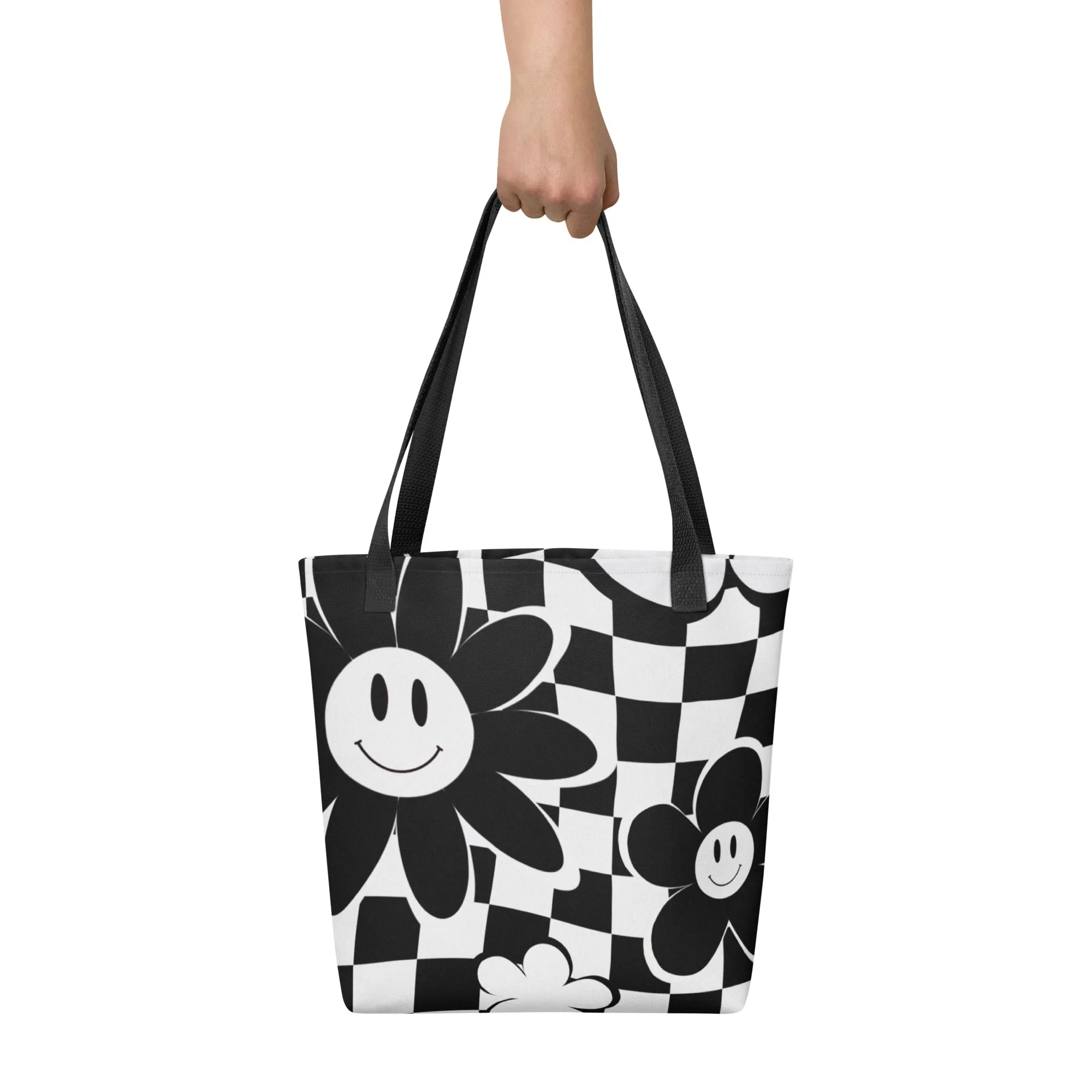 Black & White Checkered Happy Face All Over Print Tote Bag
