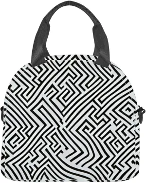 black and white maze Insulated Adult Lunch Bag with Shoulder Strap for Women Lightweight Reusable Portable Freezable Lunch Tote Bag for Work Picnic