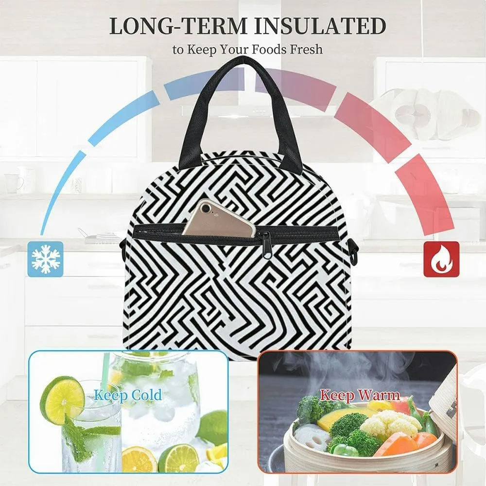 black and white maze Insulated Adult Lunch Bag with Shoulder Strap for Women Lightweight Reusable Portable Freezable Lunch Tote Bag for Work Picnic