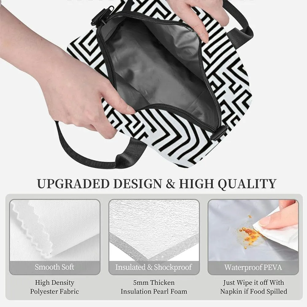 black and white maze Insulated Adult Lunch Bag with Shoulder Strap for Women Lightweight Reusable Portable Freezable Lunch Tote Bag for Work Picnic
