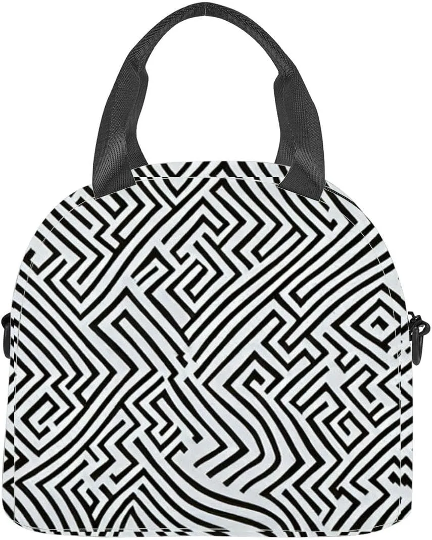 black and white maze Insulated Adult Lunch Bag with Shoulder Strap for Women Lightweight Reusable Portable Freezable Lunch Tote Bag for Work Picnic