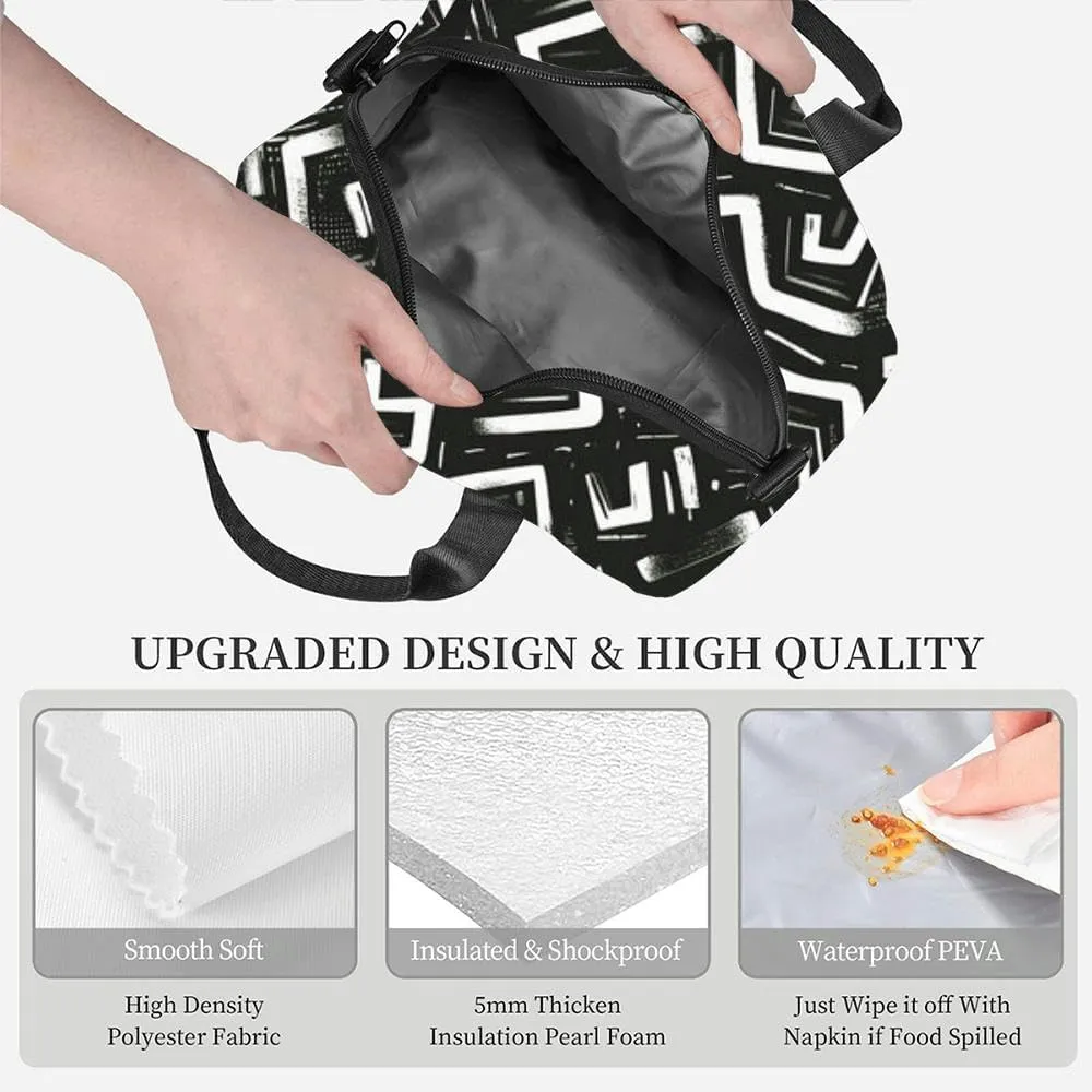 black and white patterns Insulated Adult Lunch Bag with Shoulder Strap for Women Lightweight Reusable Portable Freezable Lunch Tote Bag for Work Picnic