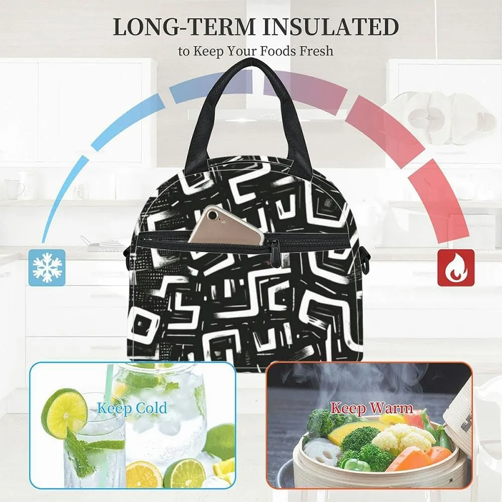 black and white patterns Insulated Adult Lunch Bag with Shoulder Strap for Women Lightweight Reusable Portable Freezable Lunch Tote Bag for Work Picnic