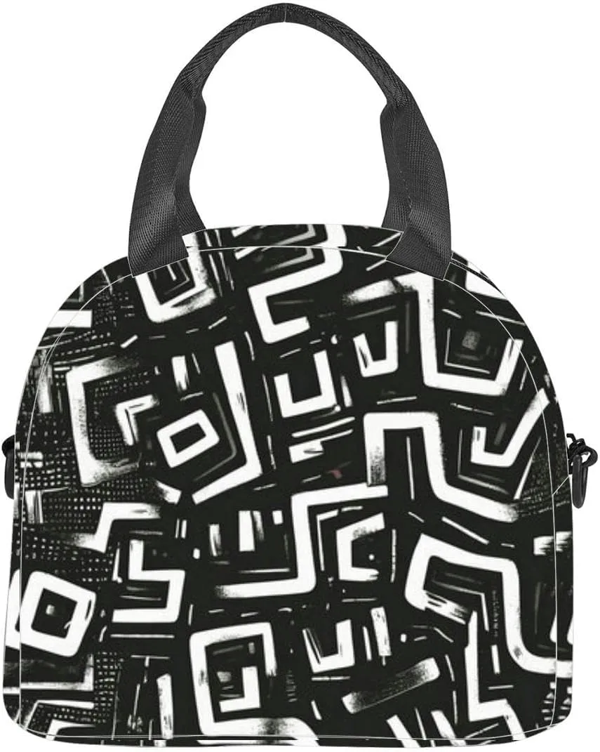 black and white patterns Insulated Adult Lunch Bag with Shoulder Strap for Women Lightweight Reusable Portable Freezable Lunch Tote Bag for Work Picnic
