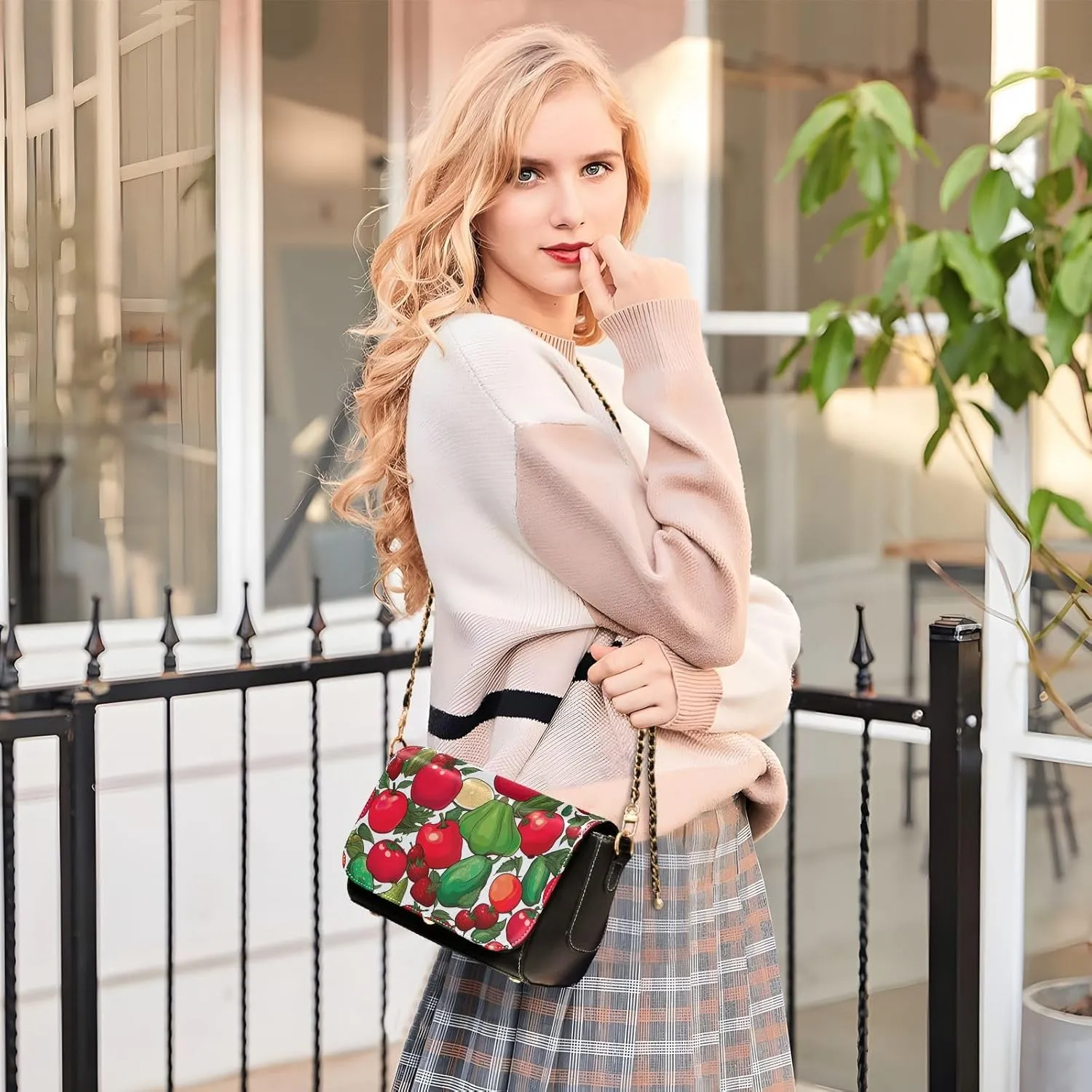 Black Apples on a White Pattern Leather Crossbody Bag, Leather Crossbody Purses for Women Trendy, Leather Ladies Bag