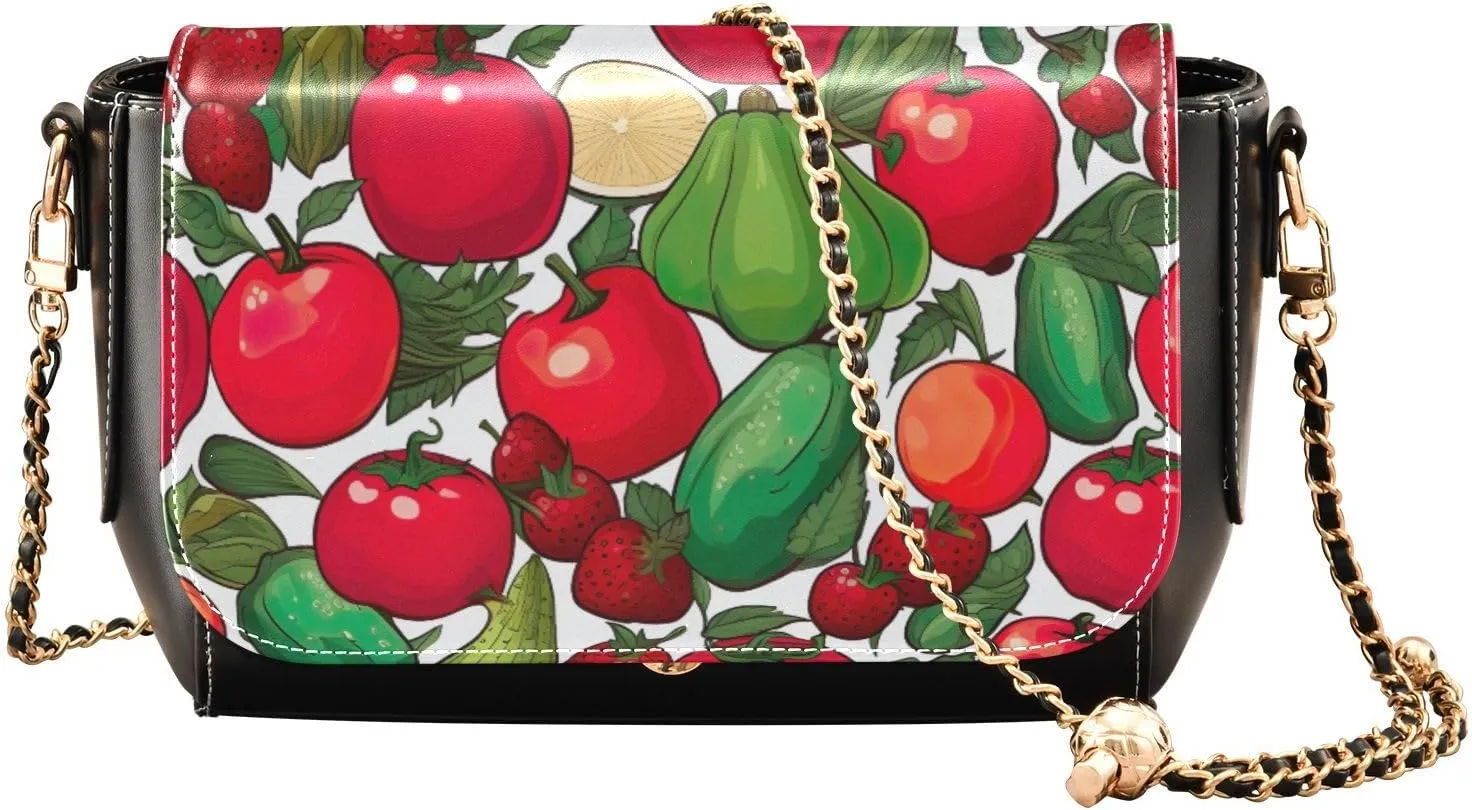 Black Apples on a White Pattern Leather Crossbody Bag, Leather Crossbody Purses for Women Trendy, Leather Ladies Bag