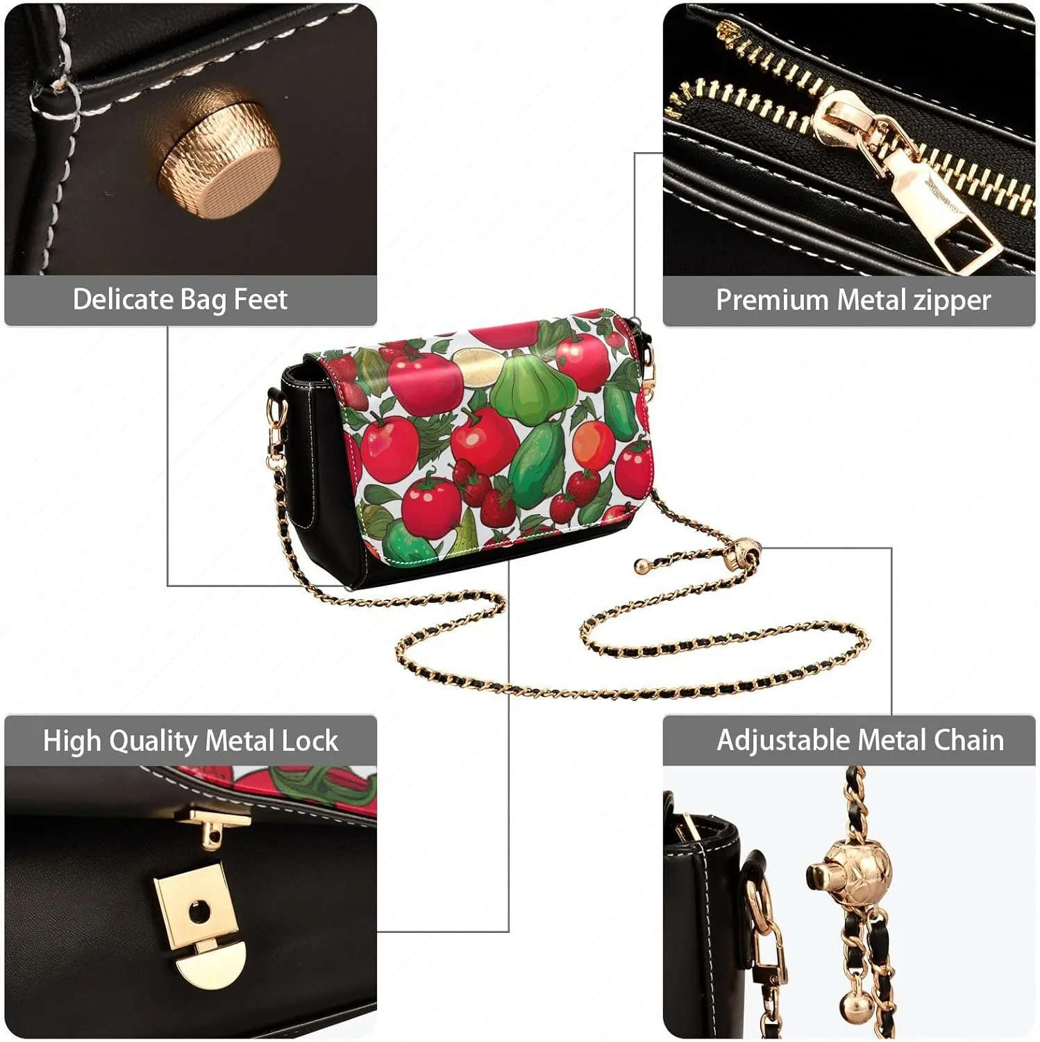Black Apples on a White Pattern Leather Crossbody Bag, Leather Crossbody Purses for Women Trendy, Leather Ladies Bag