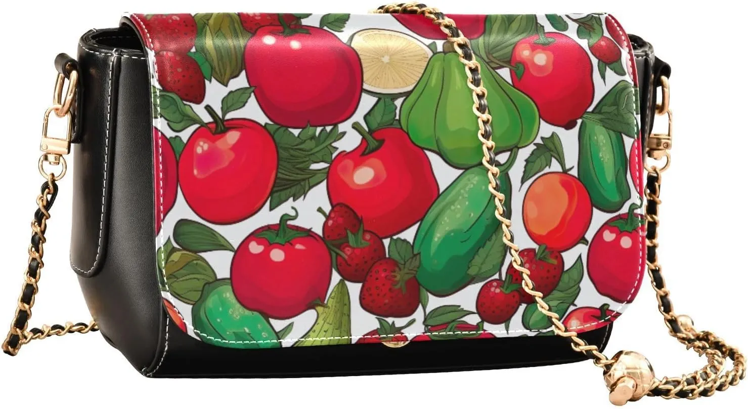 Black Apples on a White Pattern Leather Crossbody Bag, Leather Crossbody Purses for Women Trendy, Leather Ladies Bag