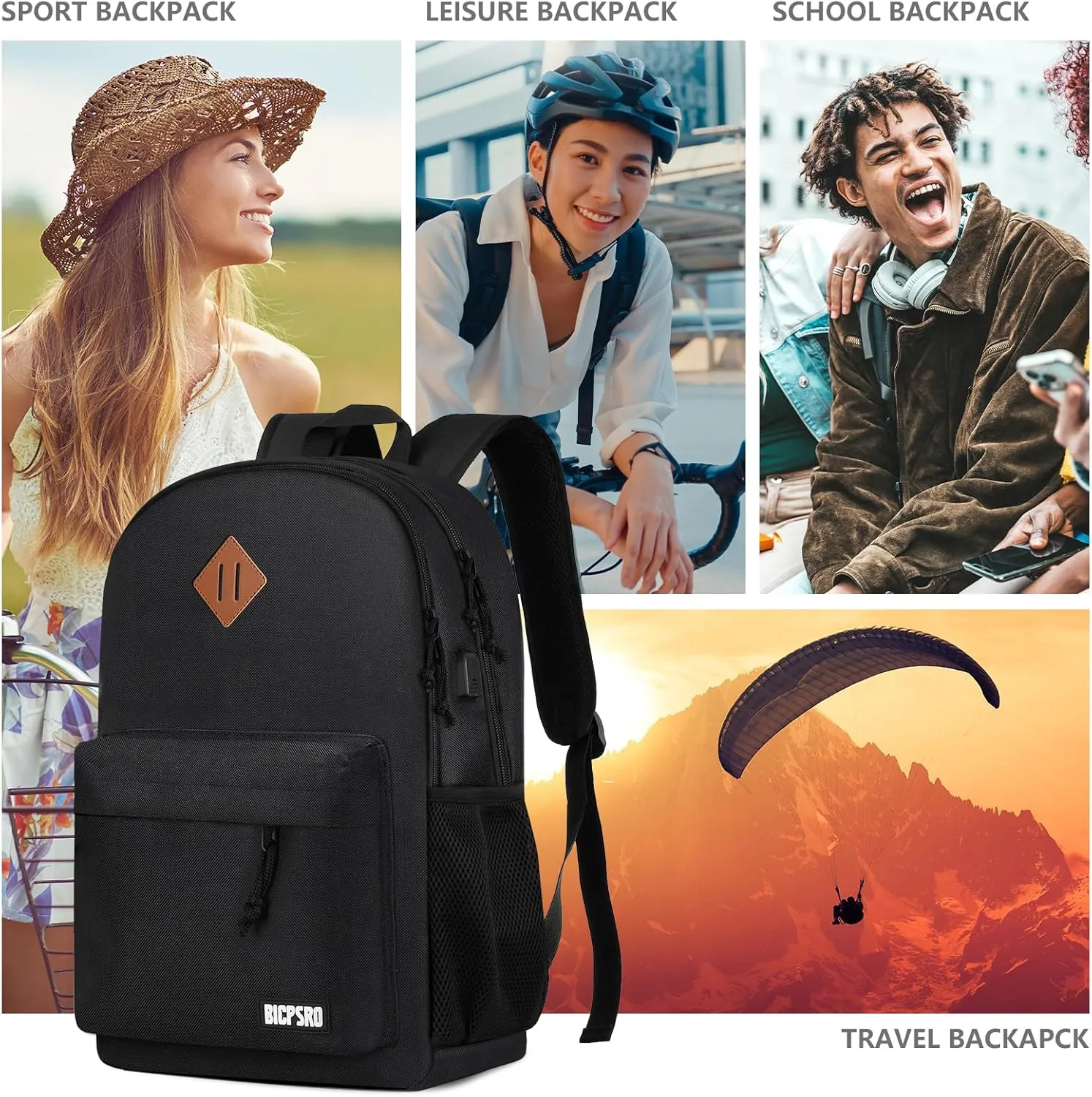 Black Backpack for Women Men, Casual School Backpack for Girls Boys Teens, 15.6 Inch Laptop Bookbag with USB Charger for College High School back pack lightweight mochilas para hombres