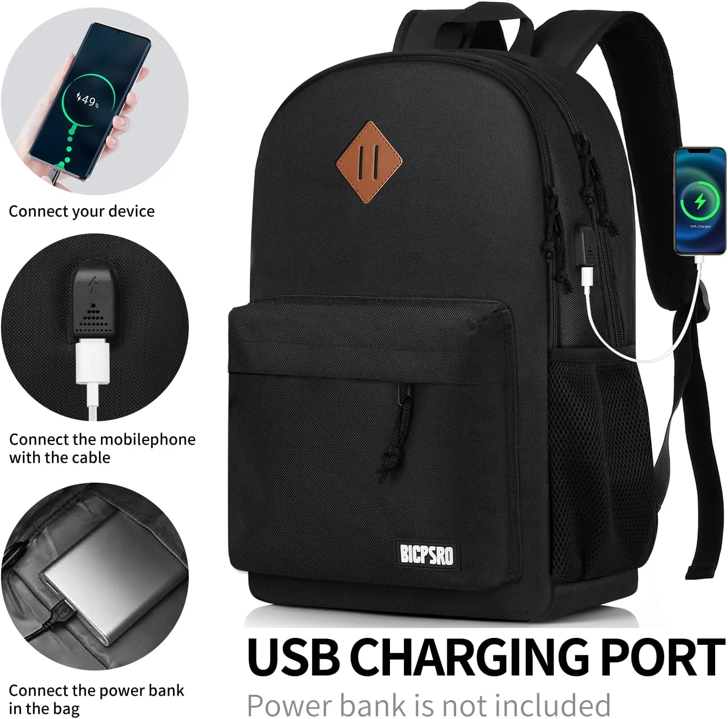 Black Backpack for Women Men, Casual School Backpack for Girls Boys Teens, 15.6 Inch Laptop Bookbag with USB Charger for College High School back pack lightweight mochilas para hombres