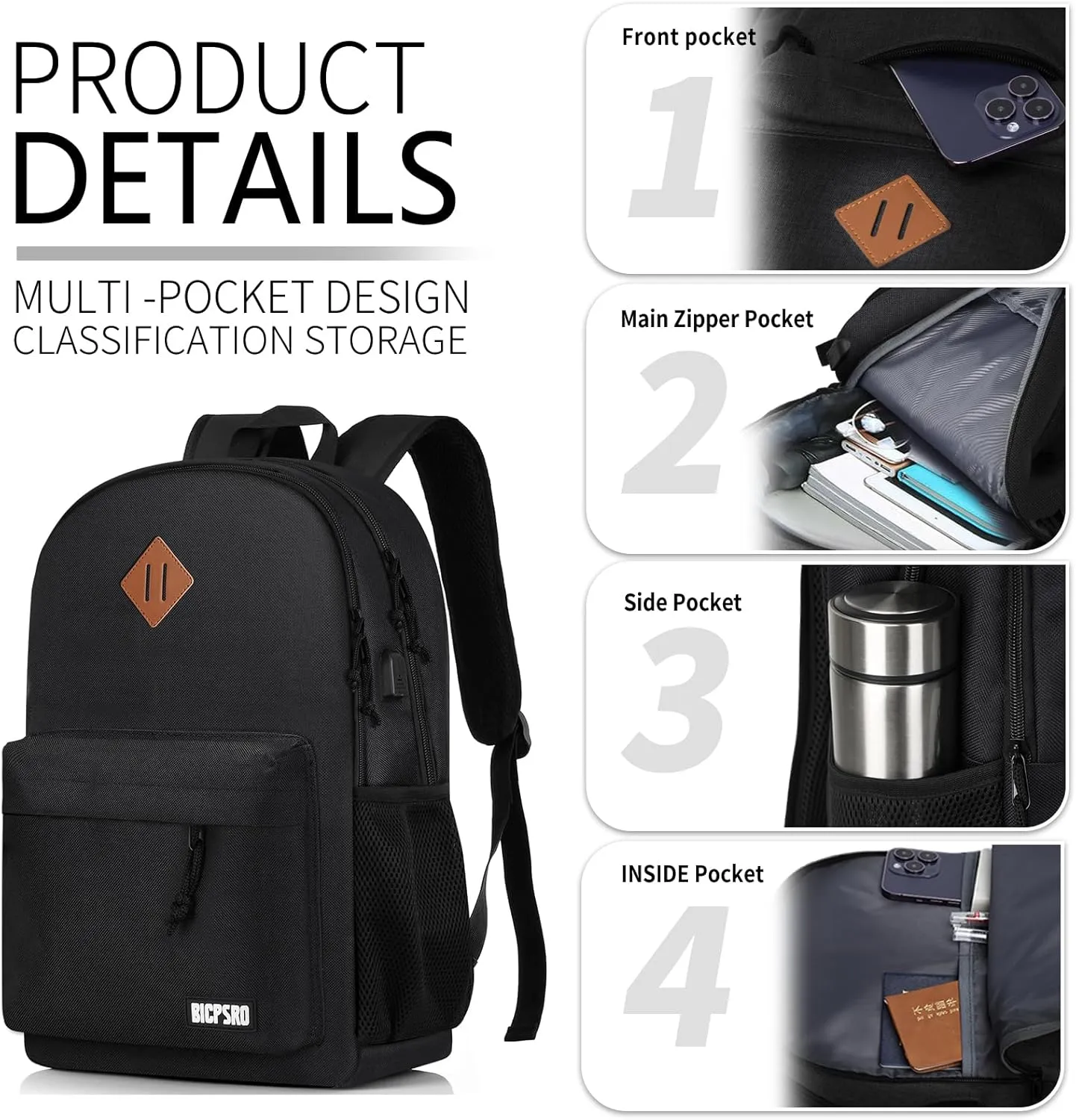 Black Backpack for Women Men, Casual School Backpack for Girls Boys Teens, 15.6 Inch Laptop Bookbag with USB Charger for College High School back pack lightweight mochilas para hombres