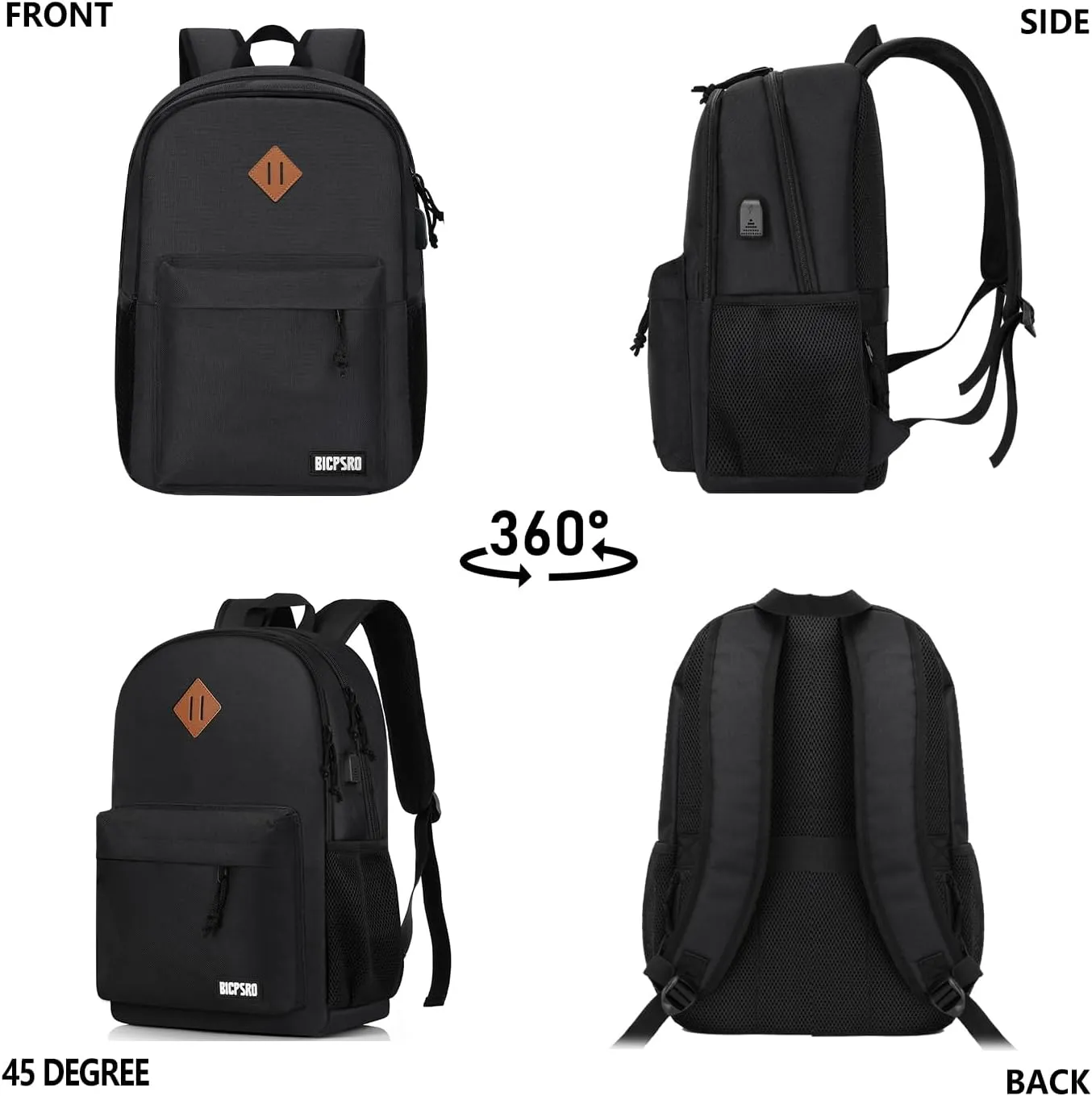 Black Backpack for Women Men, Casual School Backpack for Girls Boys Teens, 15.6 Inch Laptop Bookbag with USB Charger for College High School back pack lightweight mochilas para hombres