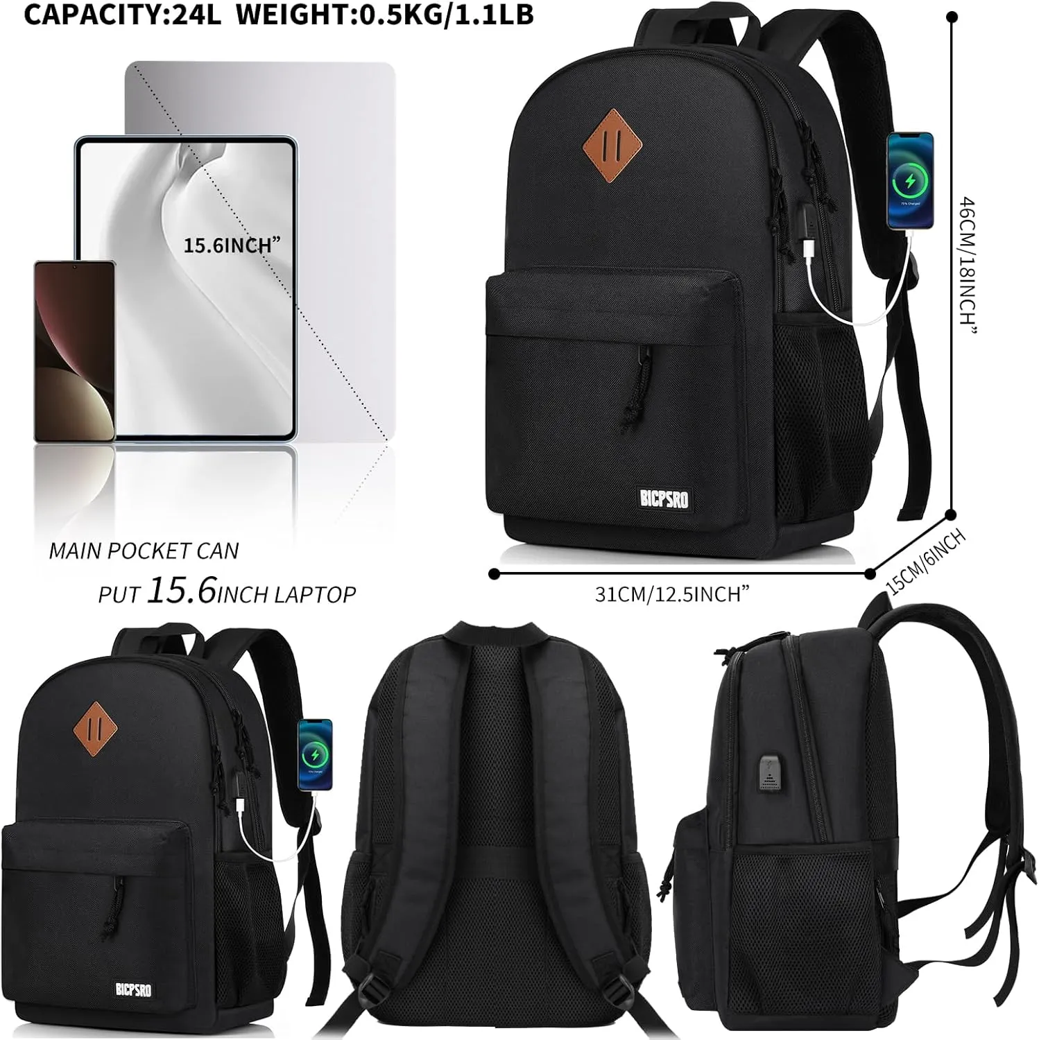 Black Backpack for Women Men, Casual School Backpack for Girls Boys Teens, 15.6 Inch Laptop Bookbag with USB Charger for College High School back pack lightweight mochilas para hombres
