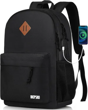 Black Backpack for Women Men, Casual School Backpack for Girls Boys Teens, 15.6 Inch Laptop Bookbag with USB Charger for College High School back pack lightweight mochilas para hombres