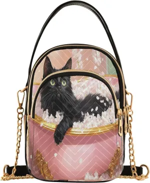 Black Cat Lies Pink Bathtub Women Trendy Quilted Crossbody Bag Sling Bags Handbags with Chain Strap Travel Cross Body Cell Phone Purses Bags