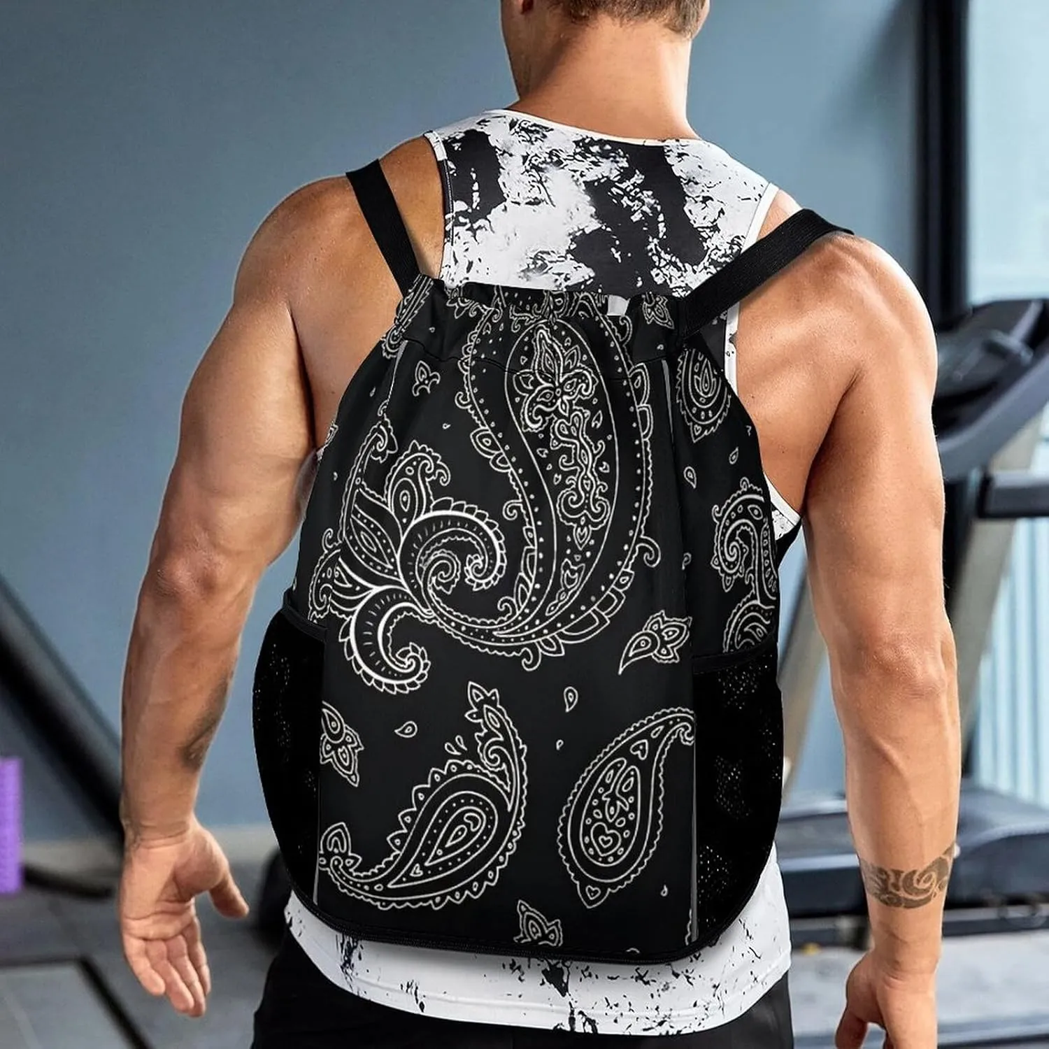 Black Paisley Pattern Sports Bundle Pocket Wet Dry Separation Backpack
