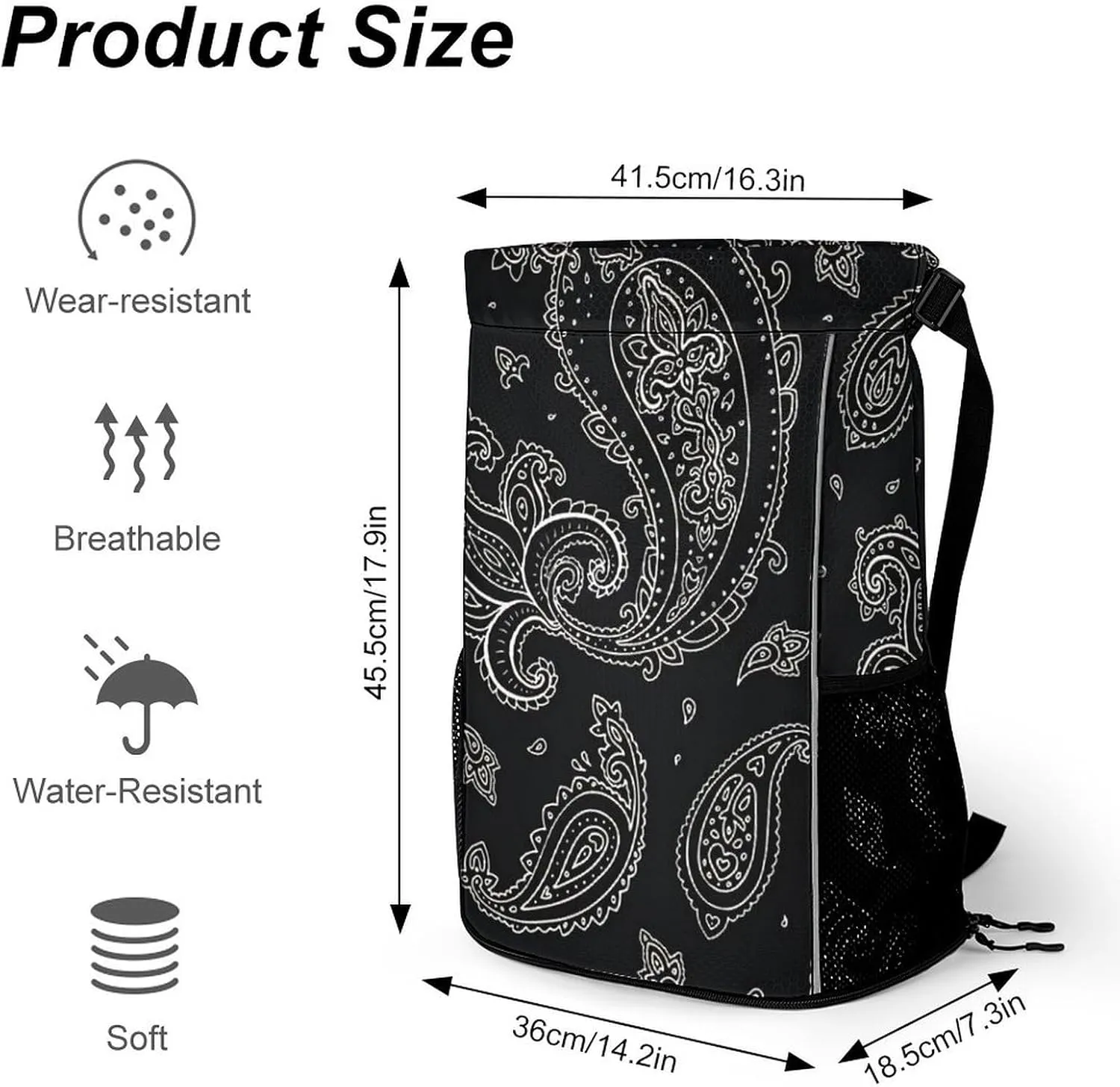 Black Paisley Pattern Sports Bundle Pocket Wet Dry Separation Backpack