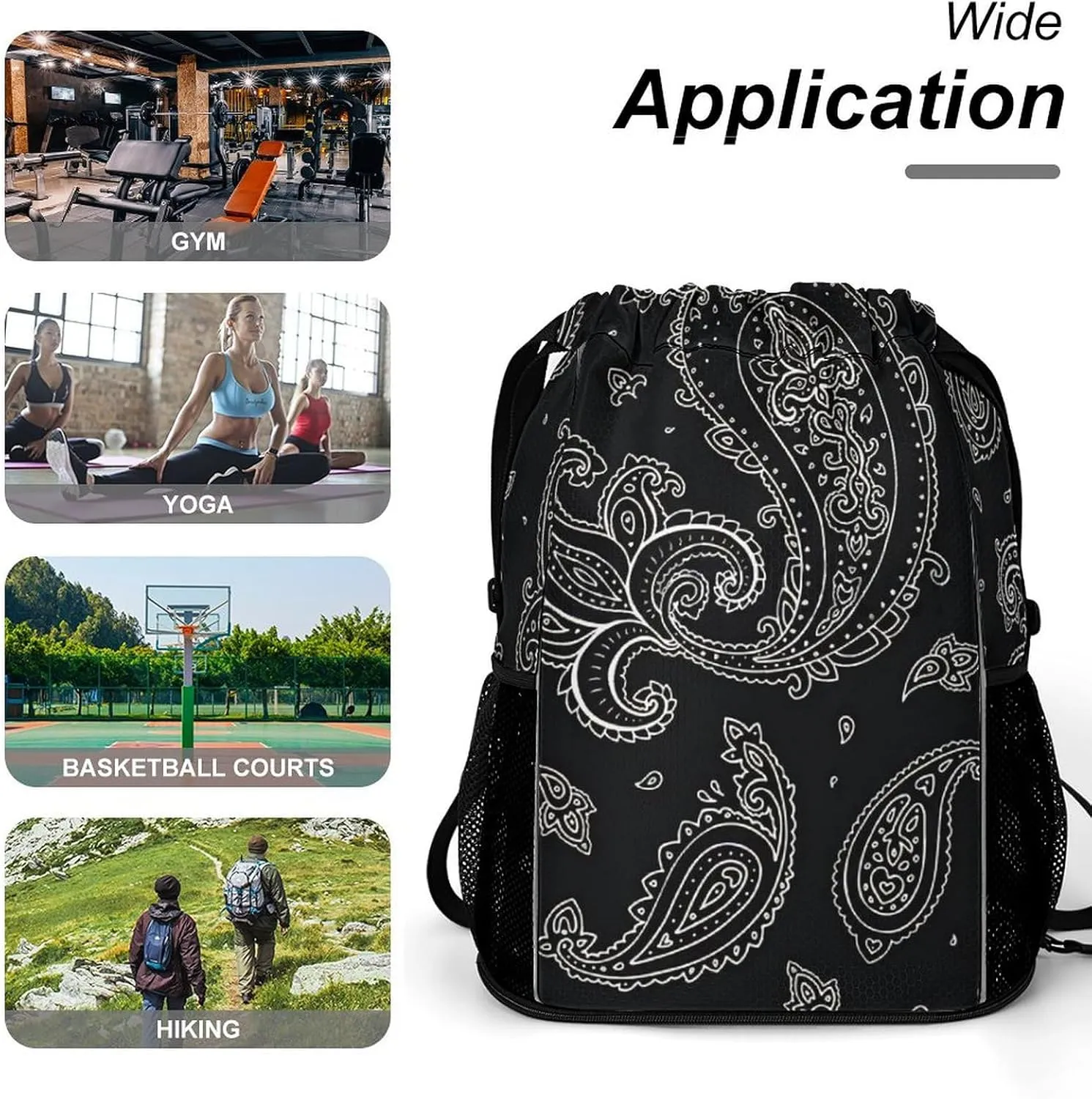 Black Paisley Pattern Sports Bundle Pocket Wet Dry Separation Backpack