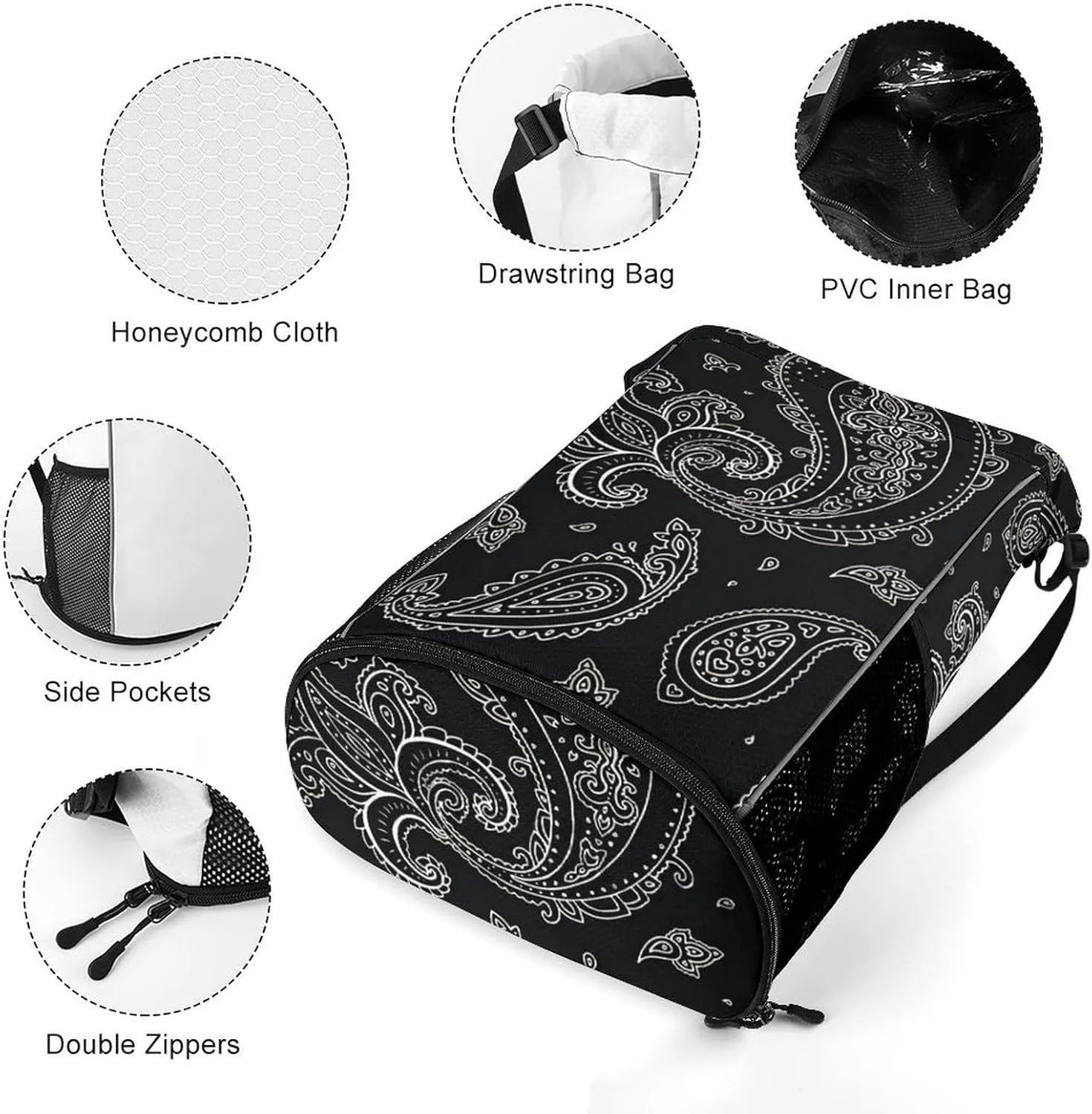 Black Paisley Pattern Sports Bundle Pocket Wet Dry Separation Backpack