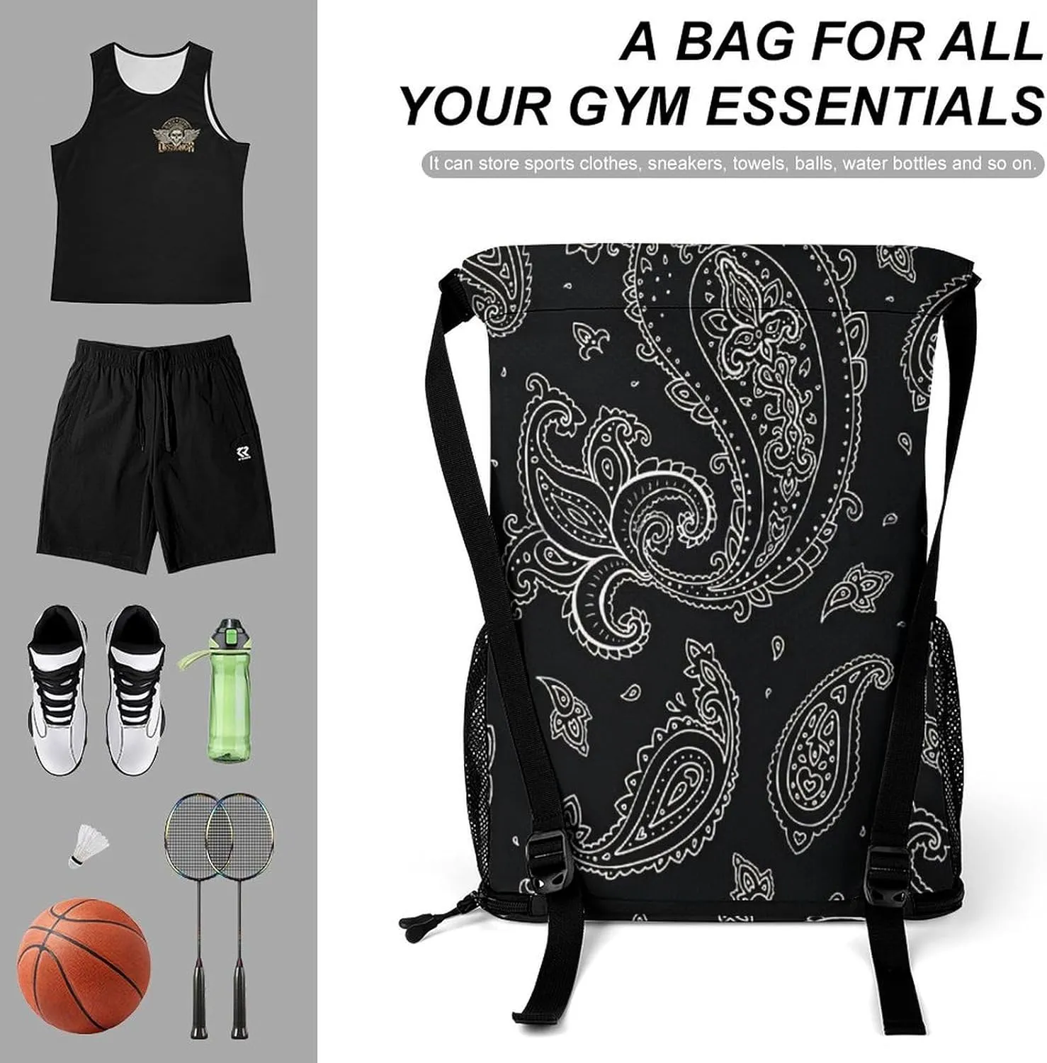 Black Paisley Pattern Sports Bundle Pocket Wet Dry Separation Backpack