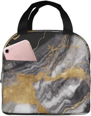Black White Gold Foil Marble Lunch Bag for Women Men Reusable Lunch Tote Bags Insulated Lunch Box Leakproof Meal Bag Large Capacity Cooler Food Containers for Work Travel Outdoor