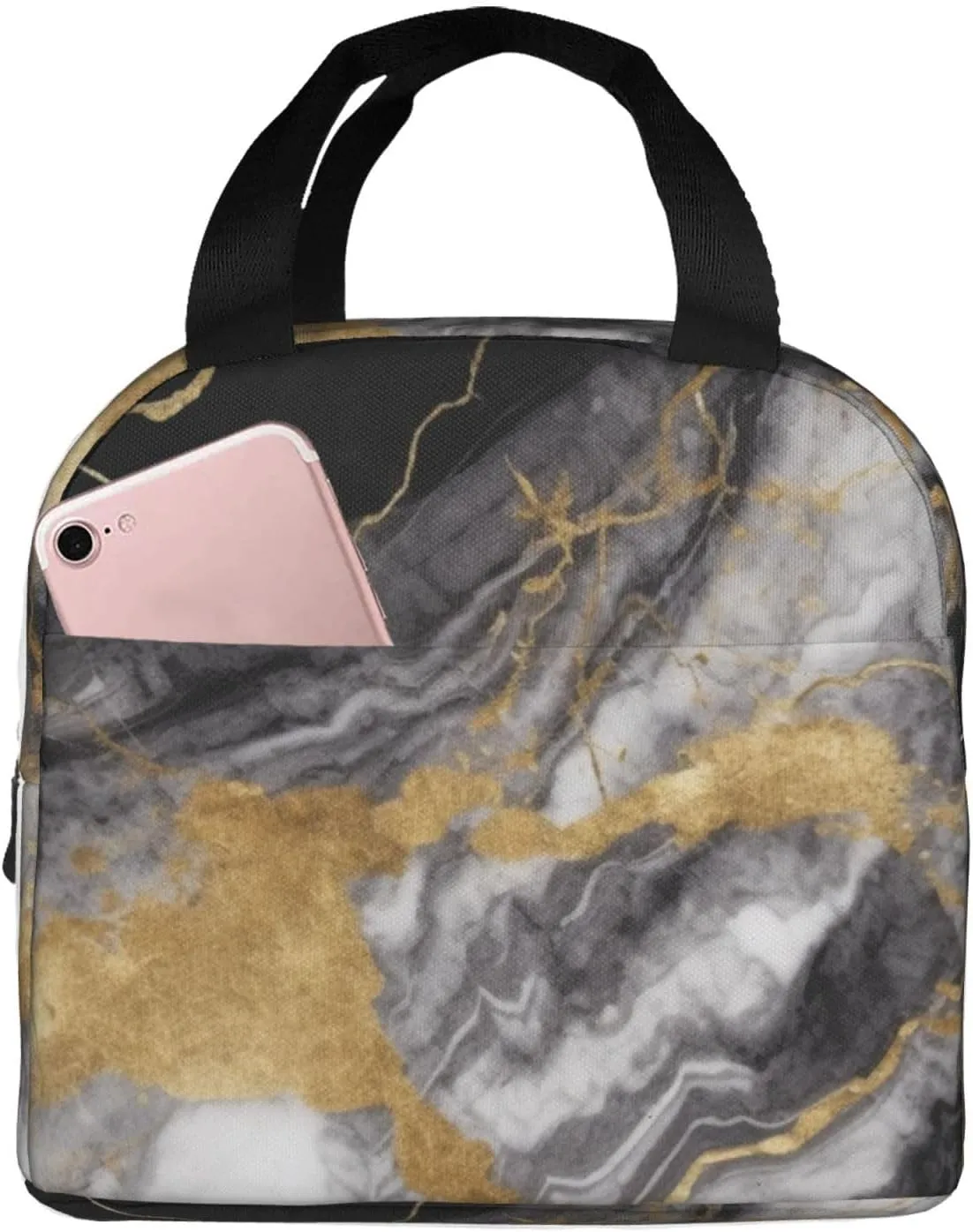 Black White Gold Foil Marble Lunch Bag for Women Men Reusable Lunch Tote Bags Insulated Lunch Box Leakproof Meal Bag Large Capacity Cooler Food Containers for Work Travel Outdoor
