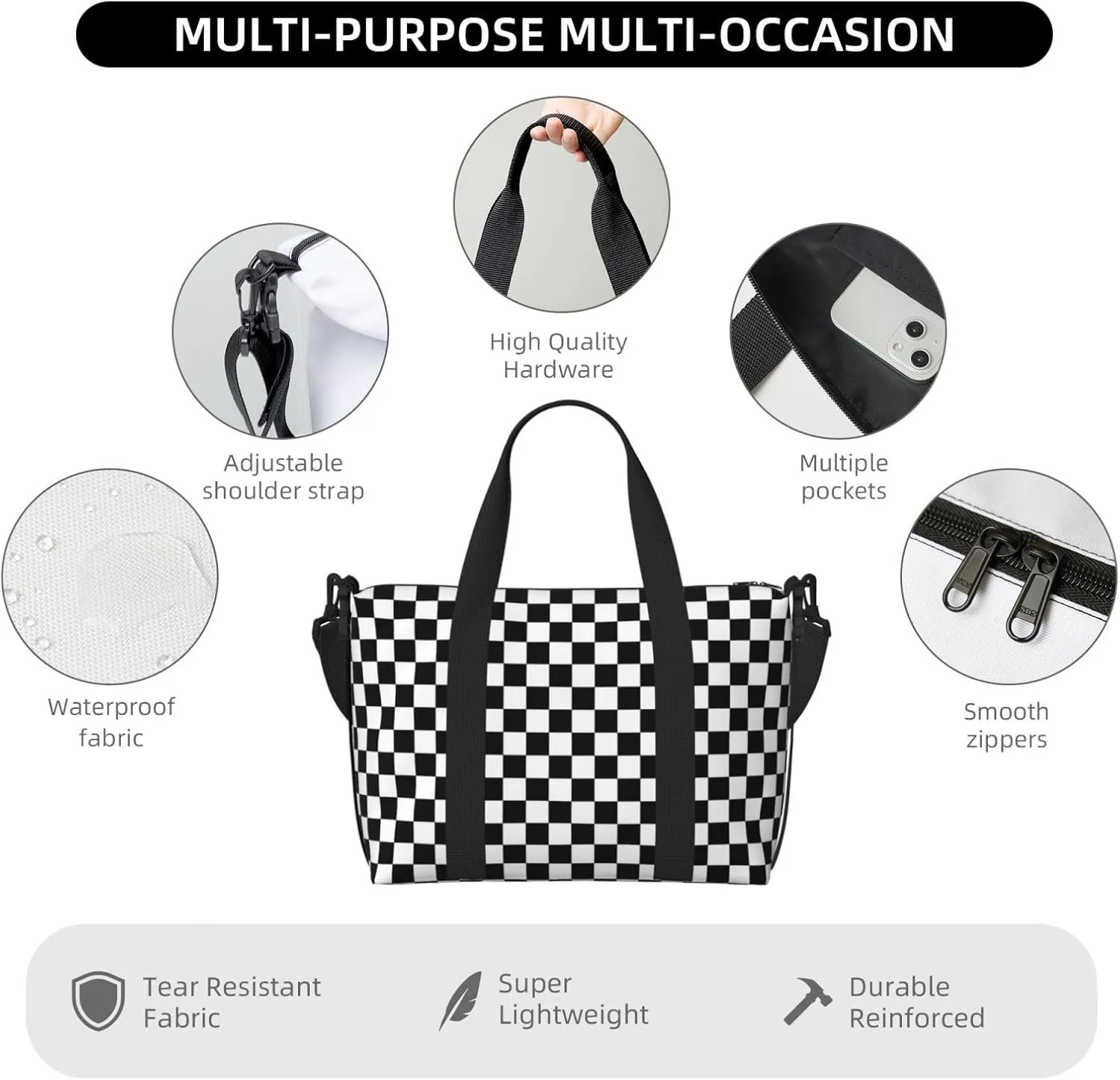 Black White Racing Travel Duffel Bags for Women Men, Sports Training Gym Bag Dance Bag with Adjustable Shoulder Strap Checkerboard Weekender Overnight Bag
