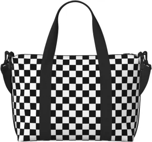 Black White Racing Travel Duffel Bags for Women Men, Sports Training Gym Bag Dance Bag with Adjustable Shoulder Strap Checkerboard Weekender Overnight Bag