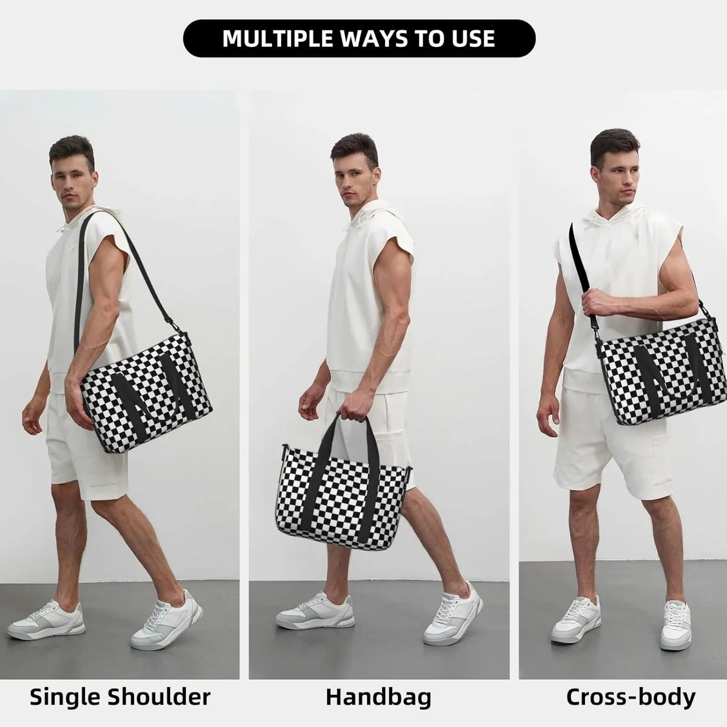 Black White Racing Travel Duffel Bags for Women Men, Sports Training Gym Bag Dance Bag with Adjustable Shoulder Strap Checkerboard Weekender Overnight Bag