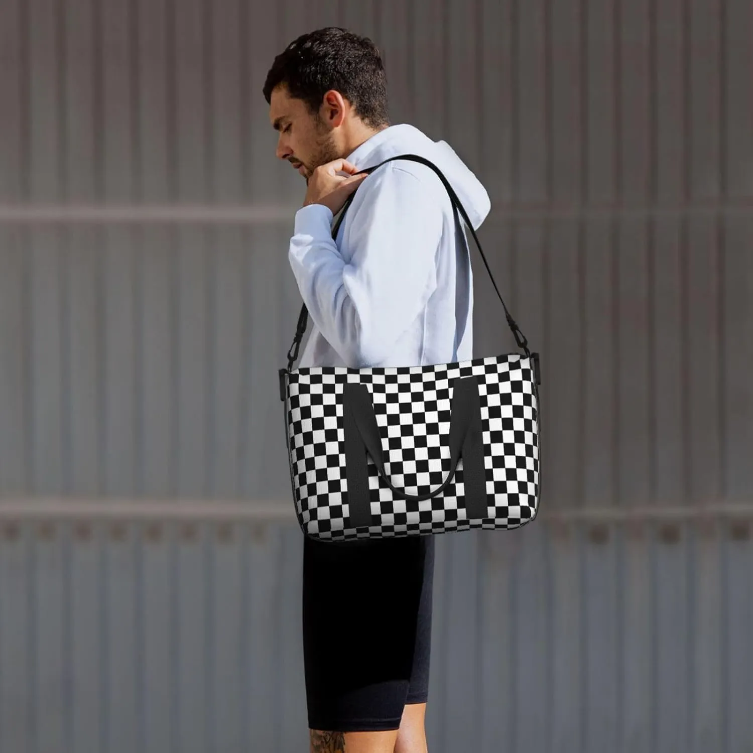Black White Racing Travel Duffel Bags for Women Men, Sports Training Gym Bag Dance Bag with Adjustable Shoulder Strap Checkerboard Weekender Overnight Bag