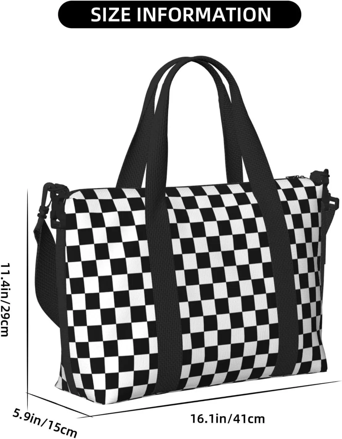 Black White Racing Travel Duffel Bags for Women Men, Sports Training Gym Bag Dance Bag with Adjustable Shoulder Strap Checkerboard Weekender Overnight Bag