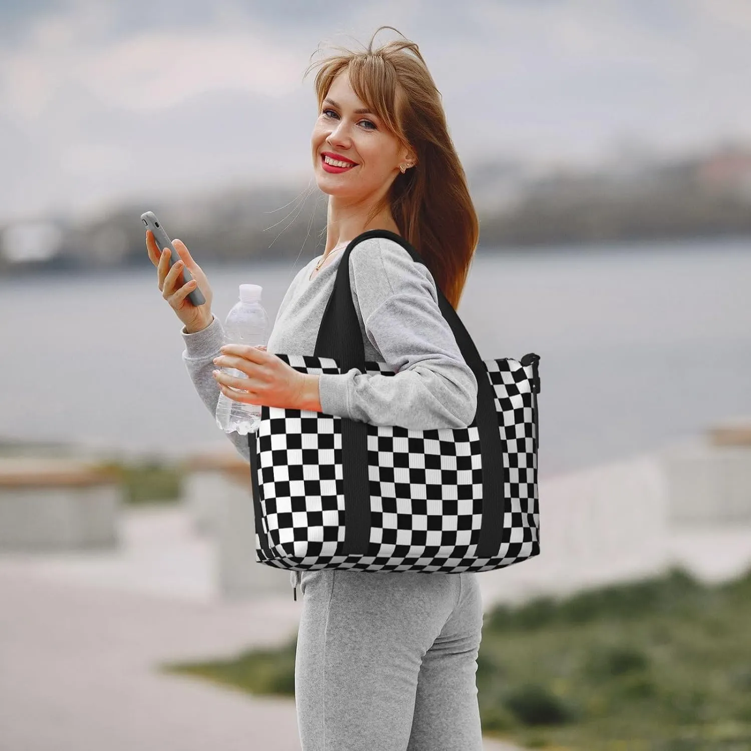 Black White Racing Travel Duffel Bags for Women Men, Sports Training Gym Bag Dance Bag with Adjustable Shoulder Strap Checkerboard Weekender Overnight Bag