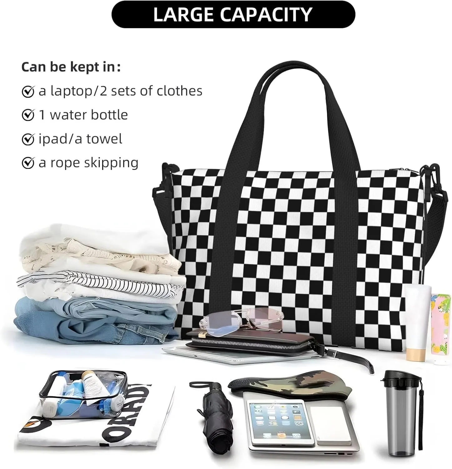 Black White Racing Travel Duffel Bags for Women Men, Sports Training Gym Bag Dance Bag with Adjustable Shoulder Strap Checkerboard Weekender Overnight Bag