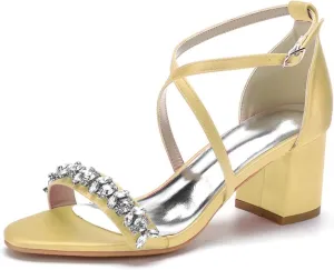 Block Heel Wedding Sandals for Birde Crystals Cross Strap Open Toe Bridal Sandal Heels
