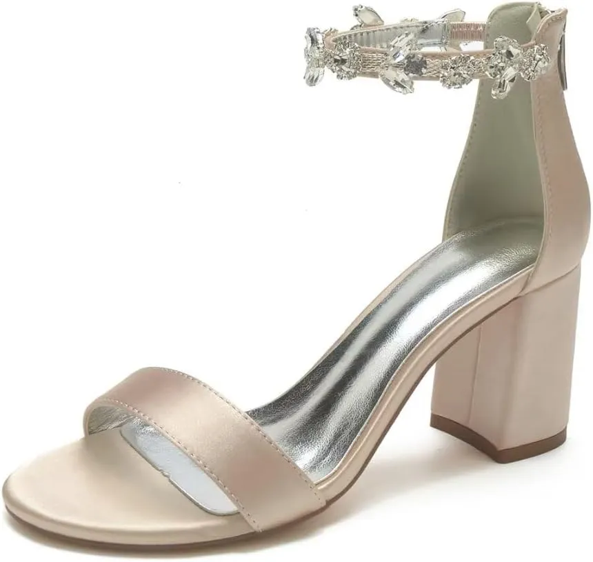 Block Heel Wedding Sandals Open Toe Rhinestones Heeled Sandal Shoes Women Bridal Heels