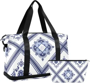 Blue and White Traditional Pattern Oversized Travel Duffel Bag Carry On Shoulder Weekend Tote with Adjustable Strap for Trip Multifunctional