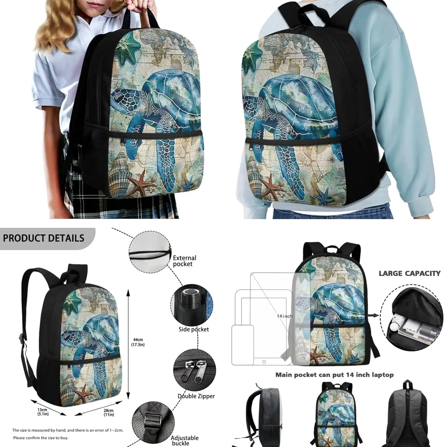 Blue Animal Turtle Travel Backpack for Teen Girls Boys 4 Pcs School Bag Set with Insulated Lunch Bag Pencil Case Water Bottle Holder Sleeve Casual Bookbag Shoulder Bagpack Sets
