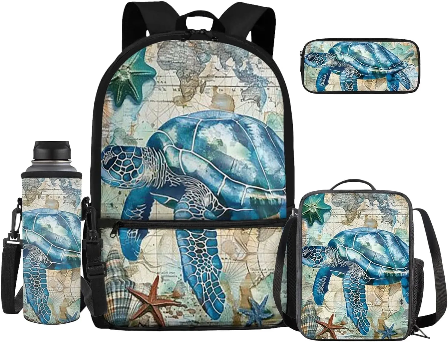 Blue Animal Turtle Travel Backpack for Teen Girls Boys 4 Pcs School Bag Set with Insulated Lunch Bag Pencil Case Water Bottle Holder Sleeve Casual Bookbag Shoulder Bagpack Sets