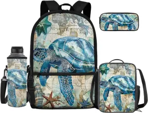 Blue Animal Turtle Travel Backpack for Teen Girls Boys 4 Pcs School Bag Set with Insulated Lunch Bag Pencil Case Water Bottle Holder Sleeve Casual Bookbag Shoulder Bagpack Sets