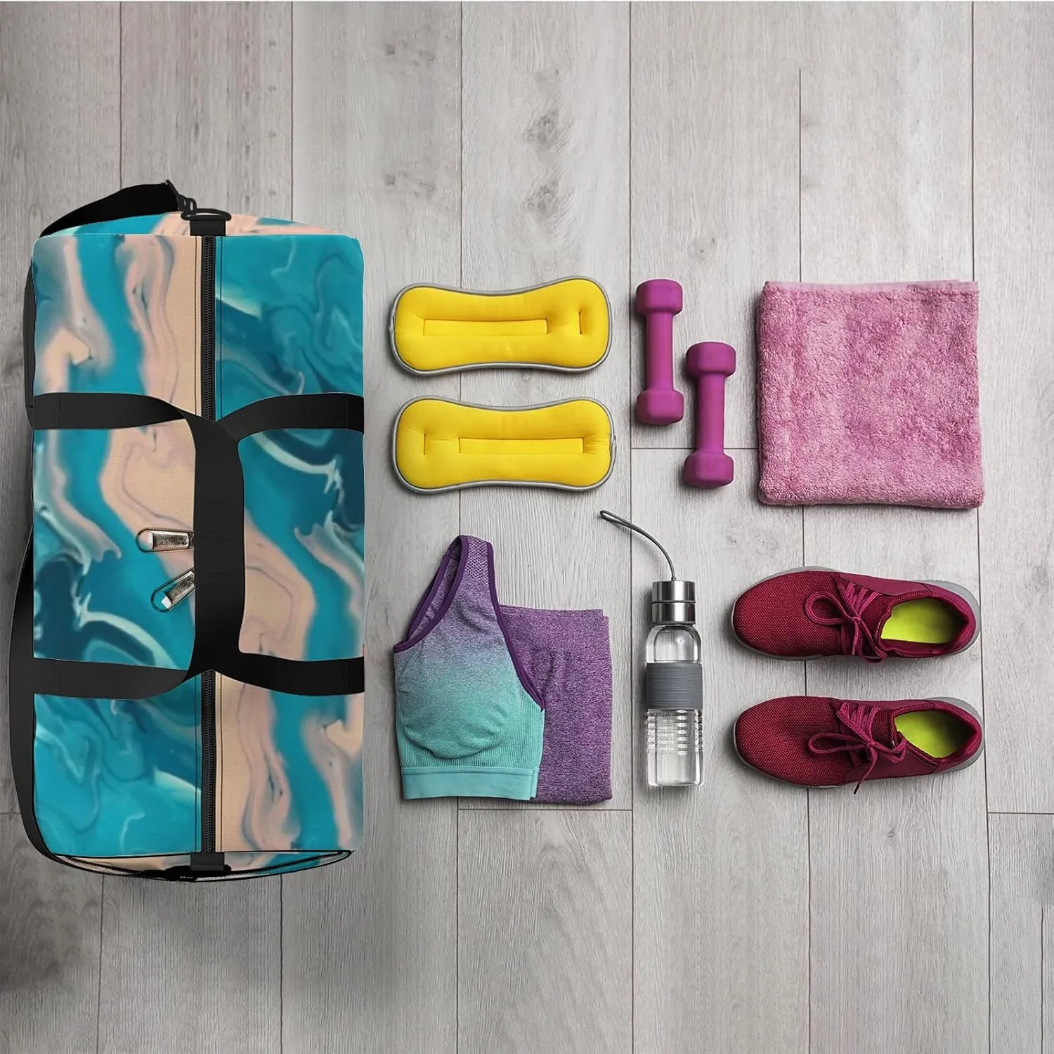 Blue Pink Color Mix Fluid Marble Texture Sports Duffel Bag Travel Gym Tote Bags Lightweight Durable Shoulder Strap Waterproof Polyester Outside Mesh Pocket Overnight Trip Duffel Bag for Women Men