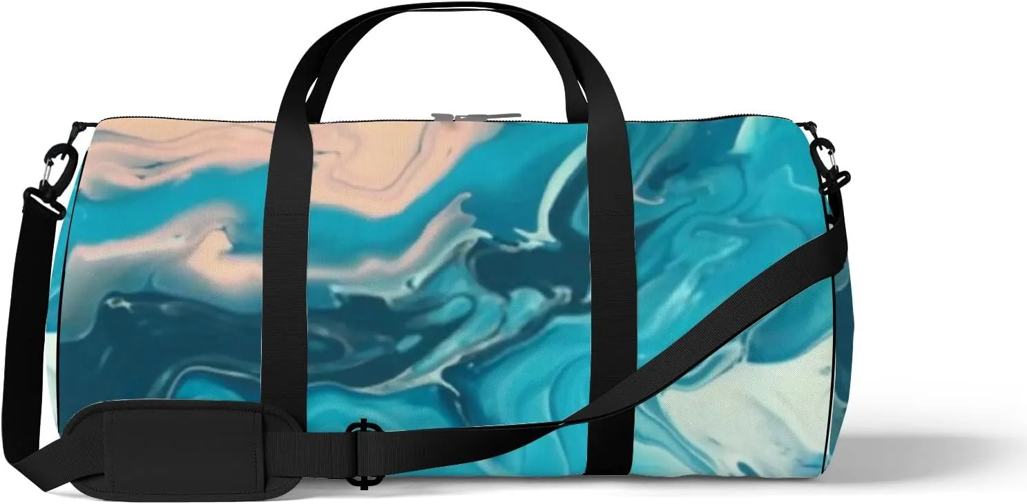 Blue Pink Color Mix Fluid Marble Texture Sports Duffel Bag Travel Gym Tote Bags Lightweight Durable Shoulder Strap Waterproof Polyester Outside Mesh Pocket Overnight Trip Duffel Bag for Women Men