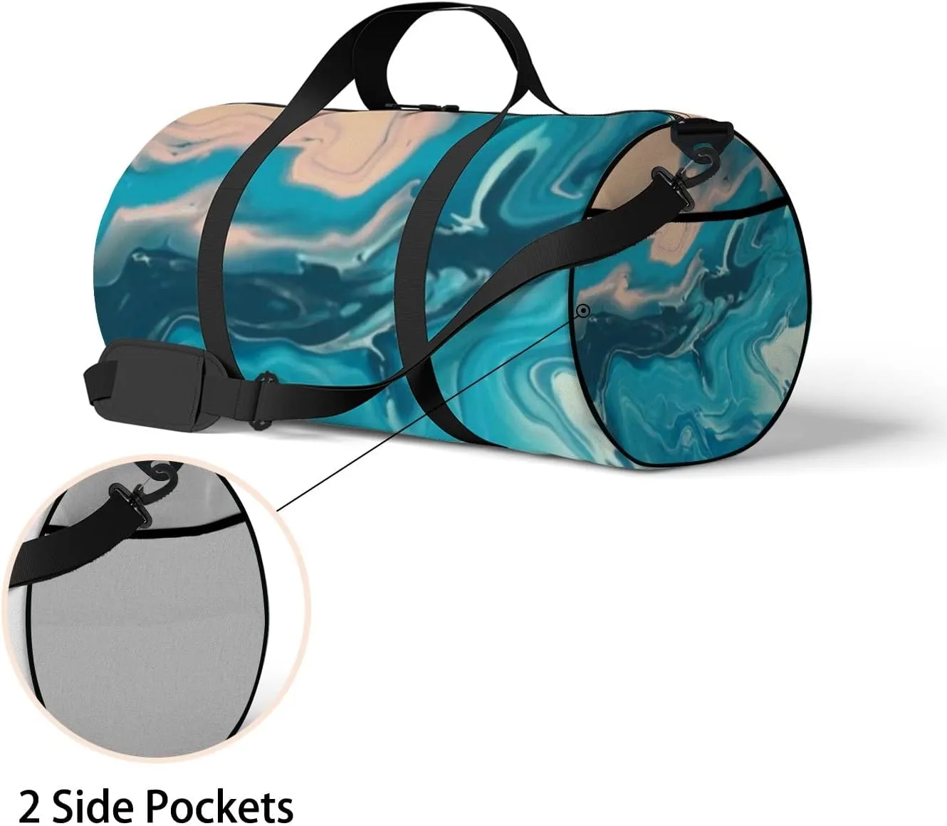 Blue Pink Color Mix Fluid Marble Texture Sports Duffel Bag Travel Gym Tote Bags Lightweight Durable Shoulder Strap Waterproof Polyester Outside Mesh Pocket Overnight Trip Duffel Bag for Women Men