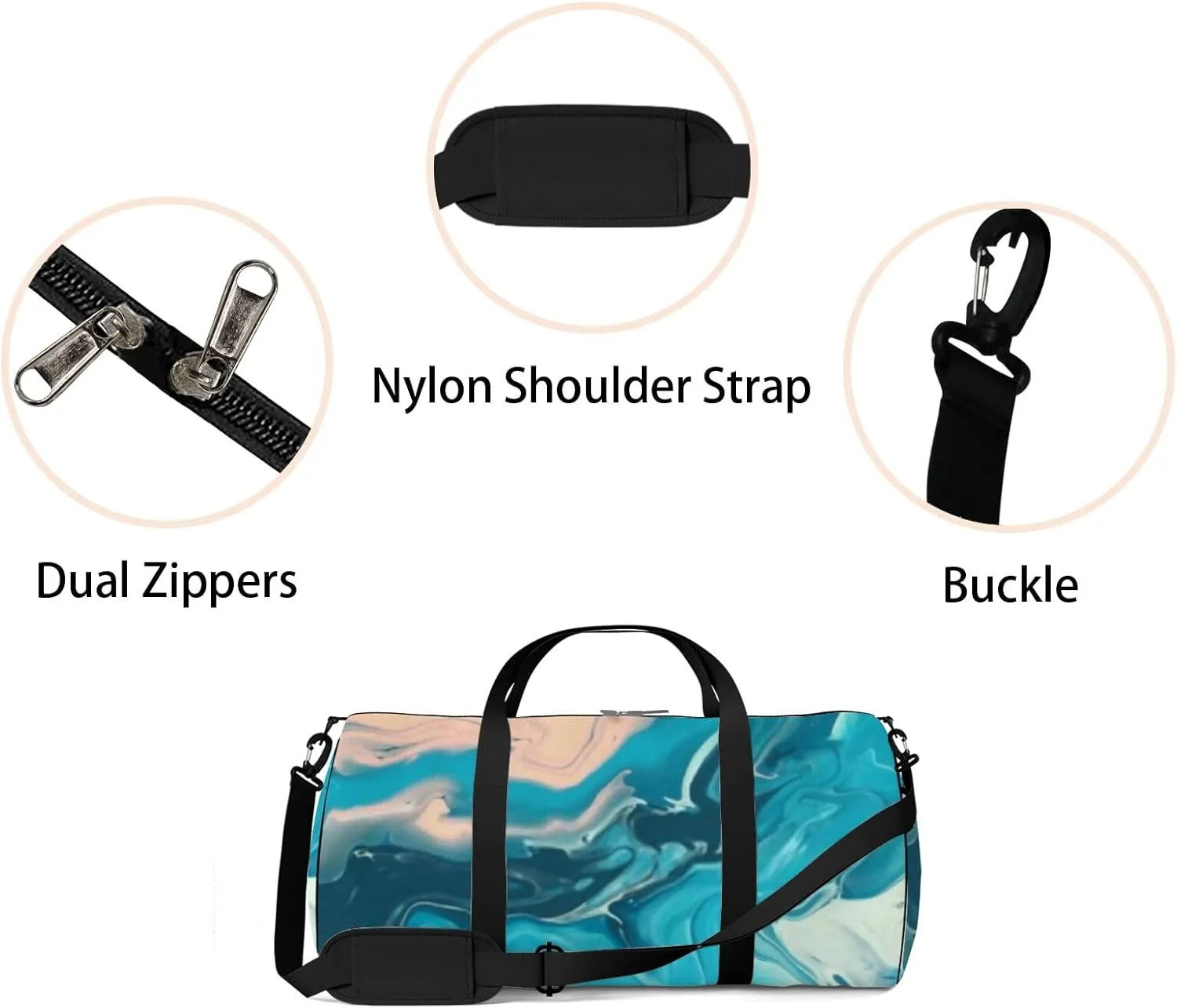Blue Pink Color Mix Fluid Marble Texture Sports Duffel Bag Travel Gym Tote Bags Lightweight Durable Shoulder Strap Waterproof Polyester Outside Mesh Pocket Overnight Trip Duffel Bag for Women Men
