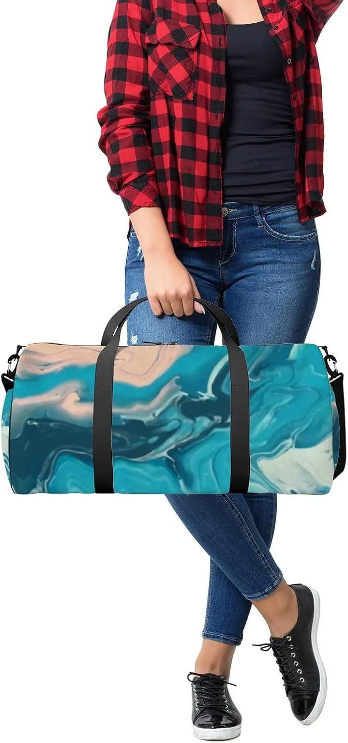Blue Pink Color Mix Fluid Marble Texture Sports Duffel Bag Travel Gym Tote Bags Lightweight Durable Shoulder Strap Waterproof Polyester Outside Mesh Pocket Overnight Trip Duffel Bag for Women Men