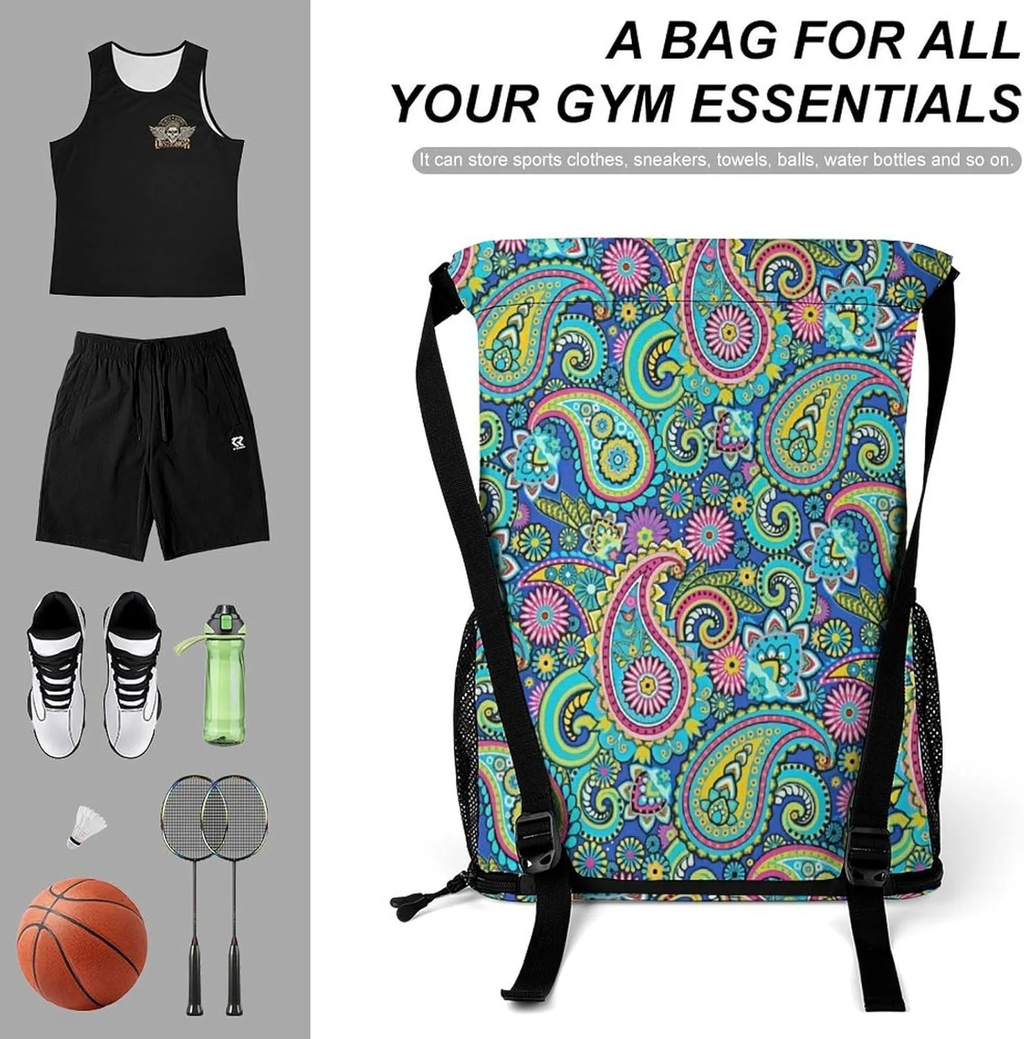 Blue Pink Paisley Sports Bundle Pocket Wet Dry Separation Backpack