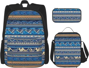 Blue Polynesian Maori Tribal Print Print Unisex Stylish Travel Backpack Set With Insulated Lunch Bag,Adjustable Straps