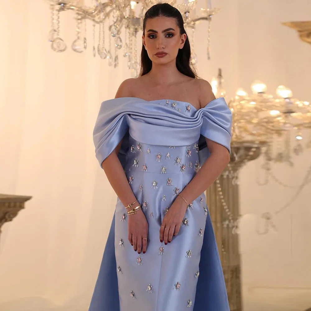 Blue Satin Off-Shoulder Dress with Crystal Skirt SS270