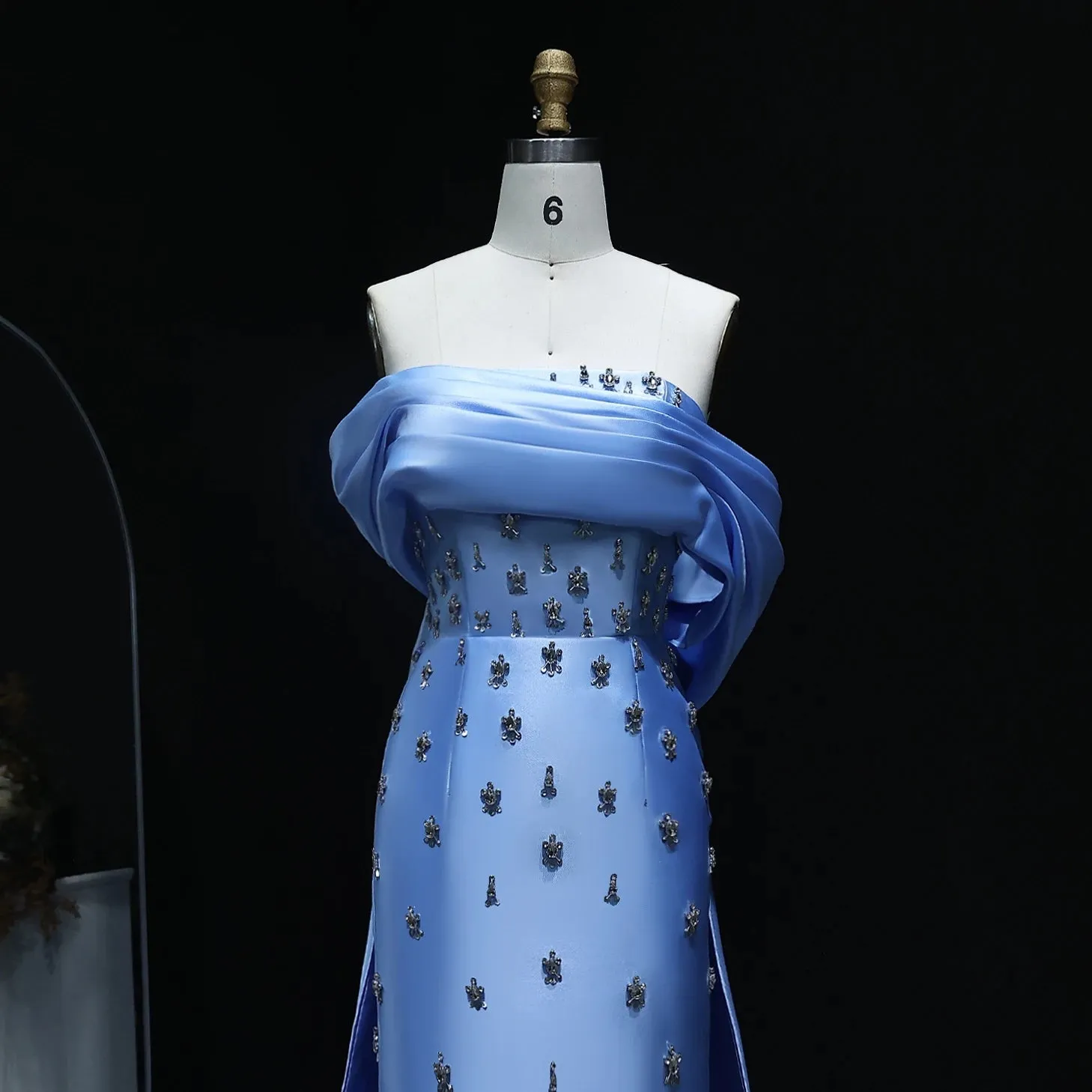 Blue Satin Off-Shoulder Dress with Crystal Skirt SS270