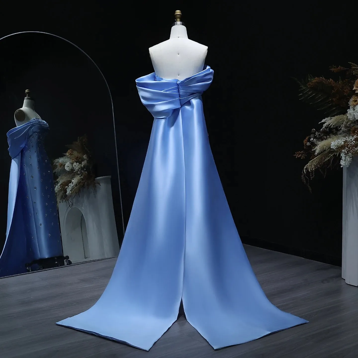 Blue Satin Off-Shoulder Dress with Crystal Skirt SS270