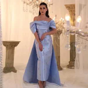 Blue Satin Off-Shoulder Dress with Crystal Skirt SS270